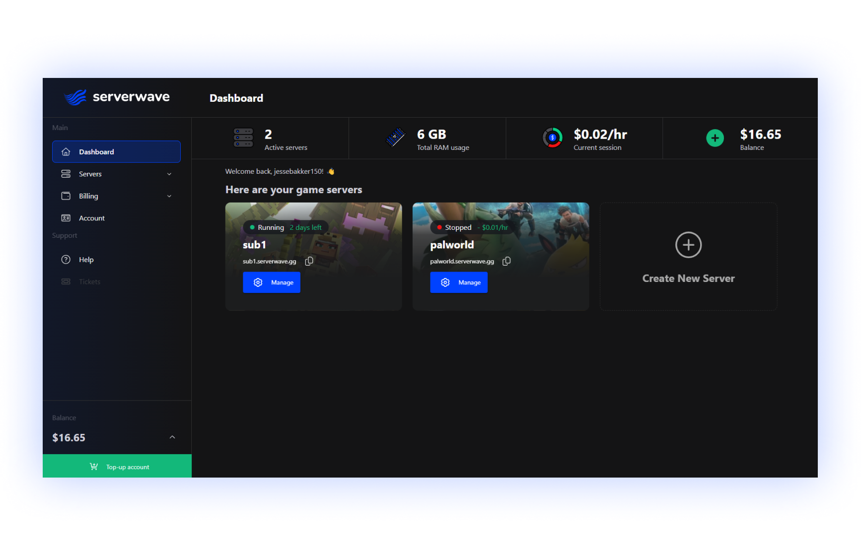 ServerWave control panel dashboard